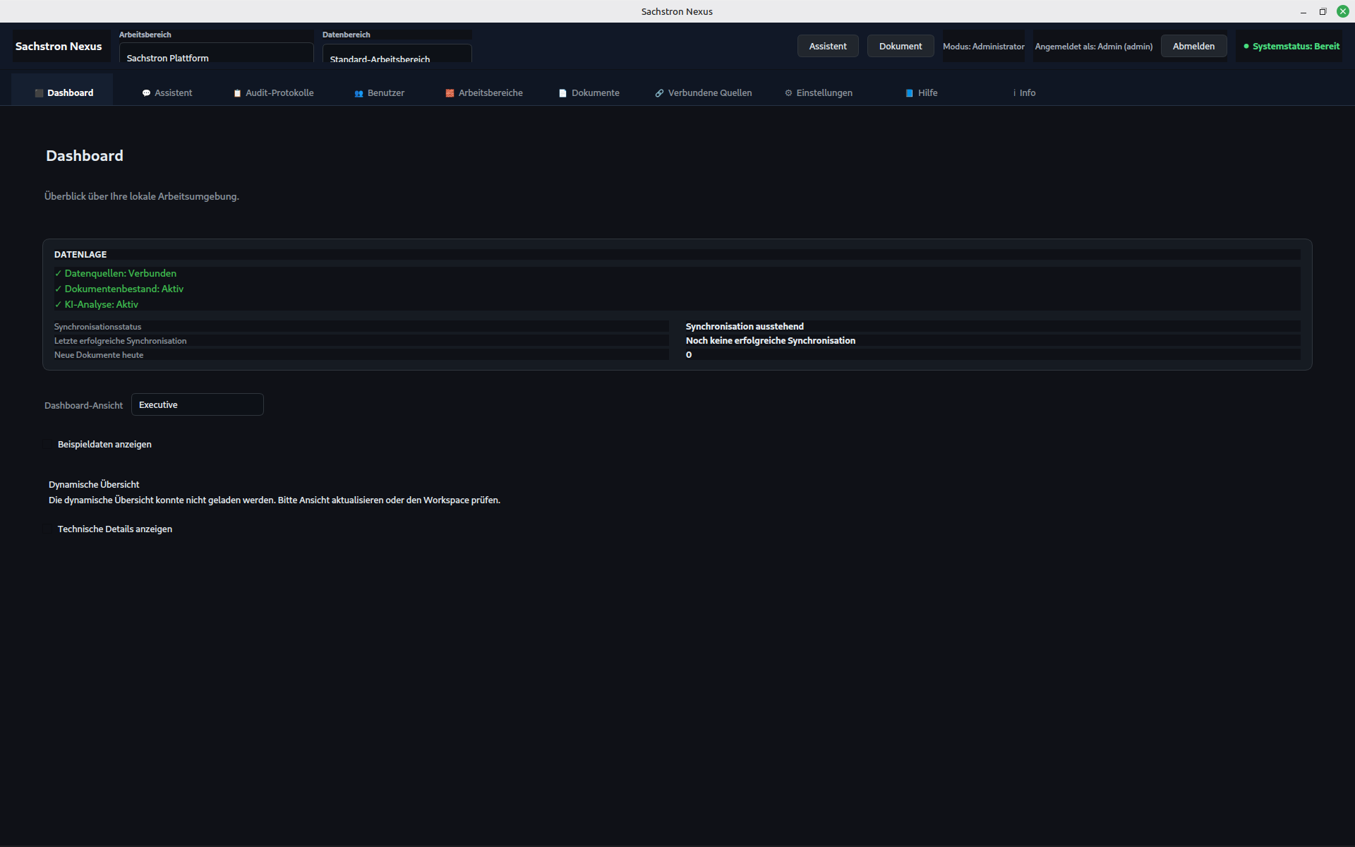 Sachstron Nexus Plattform-Dashboard mit Datenquellen, Dokumentenbestand und aktiver KI-Analyse